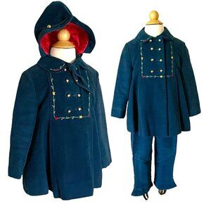 1950s Vintage Kute Kiddies Girls Blue Velvet Winter Jacket Pant Bonnet 3 Pc Set